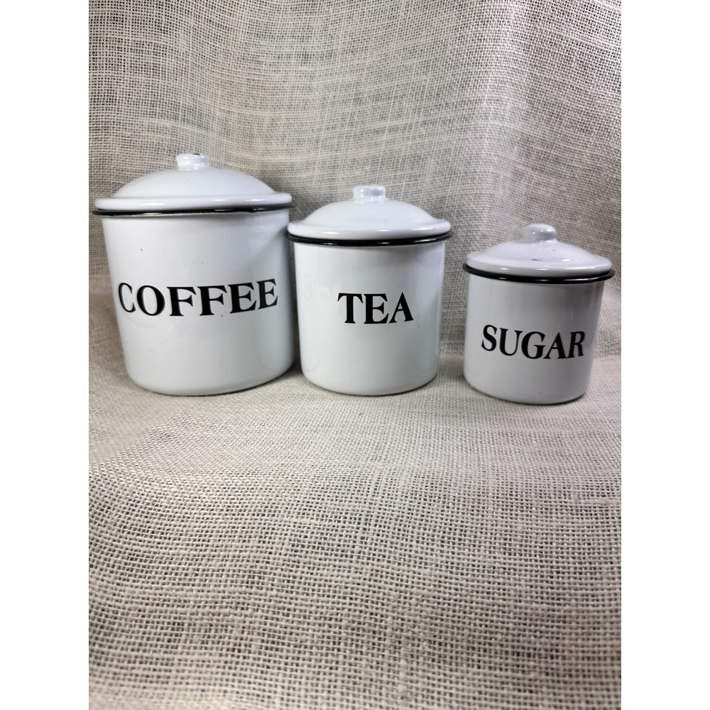 White Enamel Canister Set 3 Piece Farmhouse Coffee Tea Sugar Kitchen Storage
